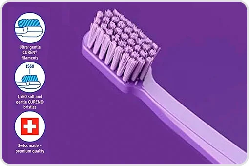 Curaprox 1560 purple toothbrush with CUREN® filaments and Swiss Quality Seal