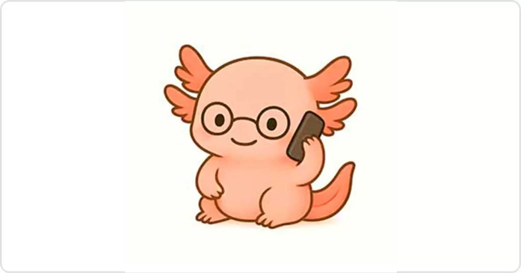 dentist near me - Illustration of Hola Sonríe mascot, a pink salamander with glasses attending a call, representing a dentist near me in Coyoacán.