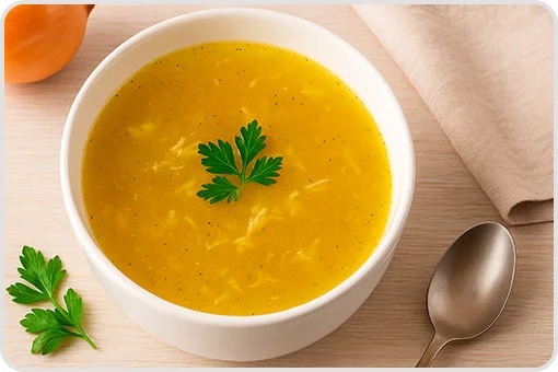 Tazón blanco con caldo de pollo tibio, decorado con perejil, receta recomendada tras una extracción dental en Coyoacán, CDMX