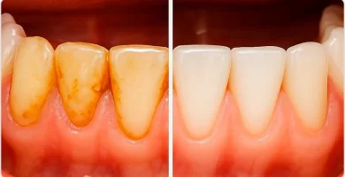 how to remove tartar from teeth in 5 minutes. Comparison of before and after removing tartar from teeth, showing healthy gums and clean teeth after dental cleaning in Coyoacán.