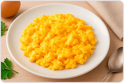 Plato de huevos revueltos suaves y cremosos sobre mesa de madera, opción recomendada tras una extracción dental en Coyoacán, CDMX