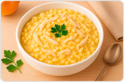 Bowl blanco con pasta cremosa y pollo desmenuzado, decorado con perejil, receta ideal tras una extracción dental en Coyoacán, CDMX