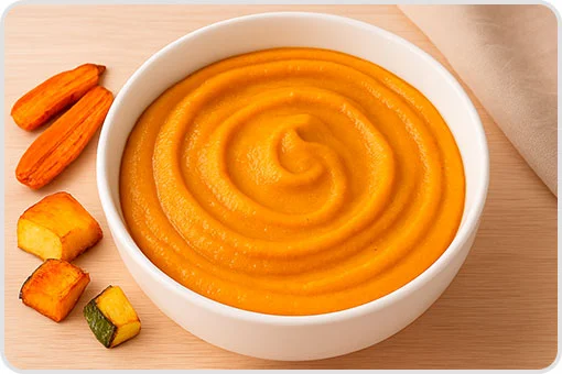 Tazón blanco con puré sedoso de verduras asadas como zanahoria, calabacín y papa, ideal tras una extracción dental en Coyoacán, CDMX